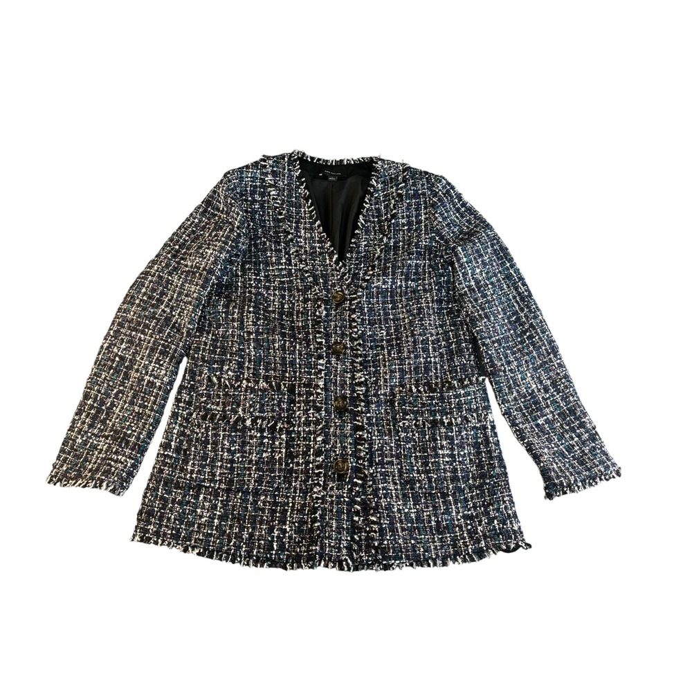 Ann Taylor Navy Blue Multicolor Fringed Tweed Longline Blazer Jacket Size 2